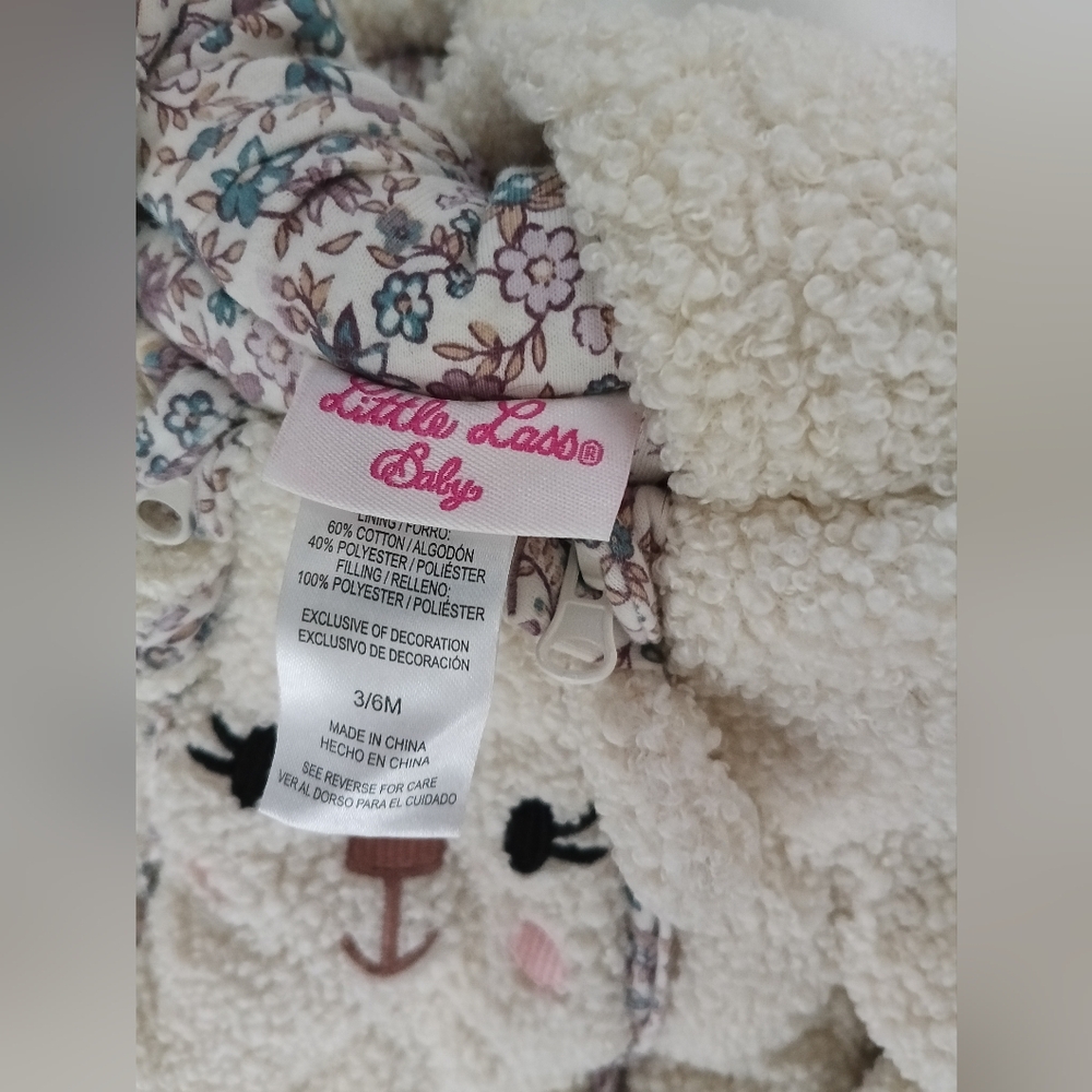 Little Lass Baby Girl 3/6M Cream Fleece Hooded Footie Cozy Warm - Picture 2 of 3